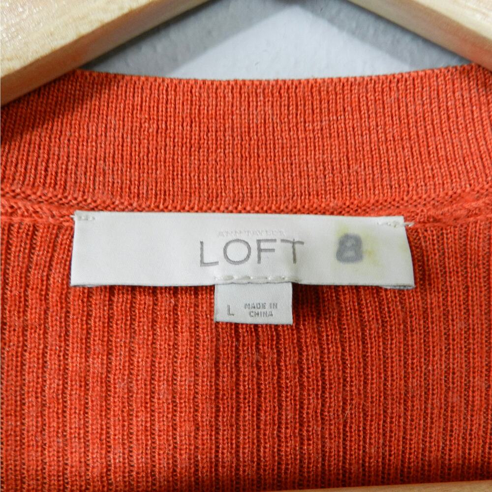 LOFT Cardigan Sweater Size L Orange Wool Blend Custom Buttons Flower Patch - Picture 4 of 16